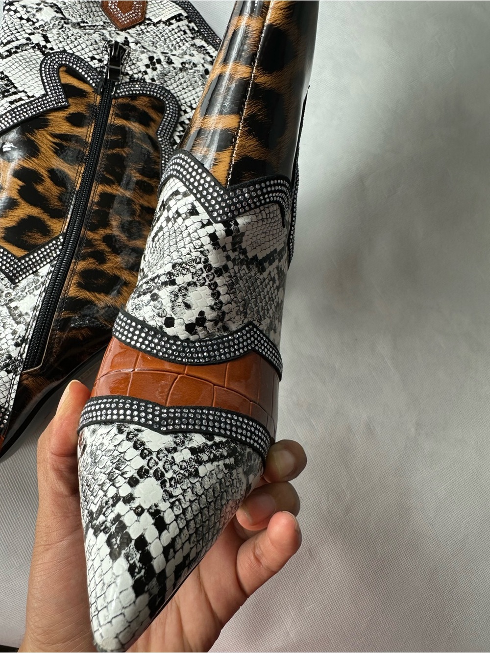 Leopard & Snake-Print Pointed Western Ankle Boots - Women's Brown/White - Picture 12 of 16